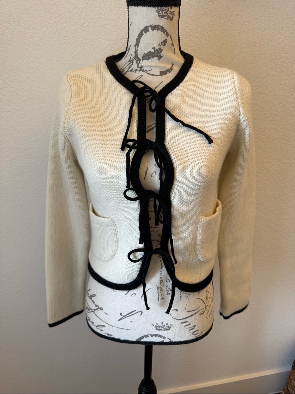 Zara Cream Knit Cardigan with Black Trim and Tie Front